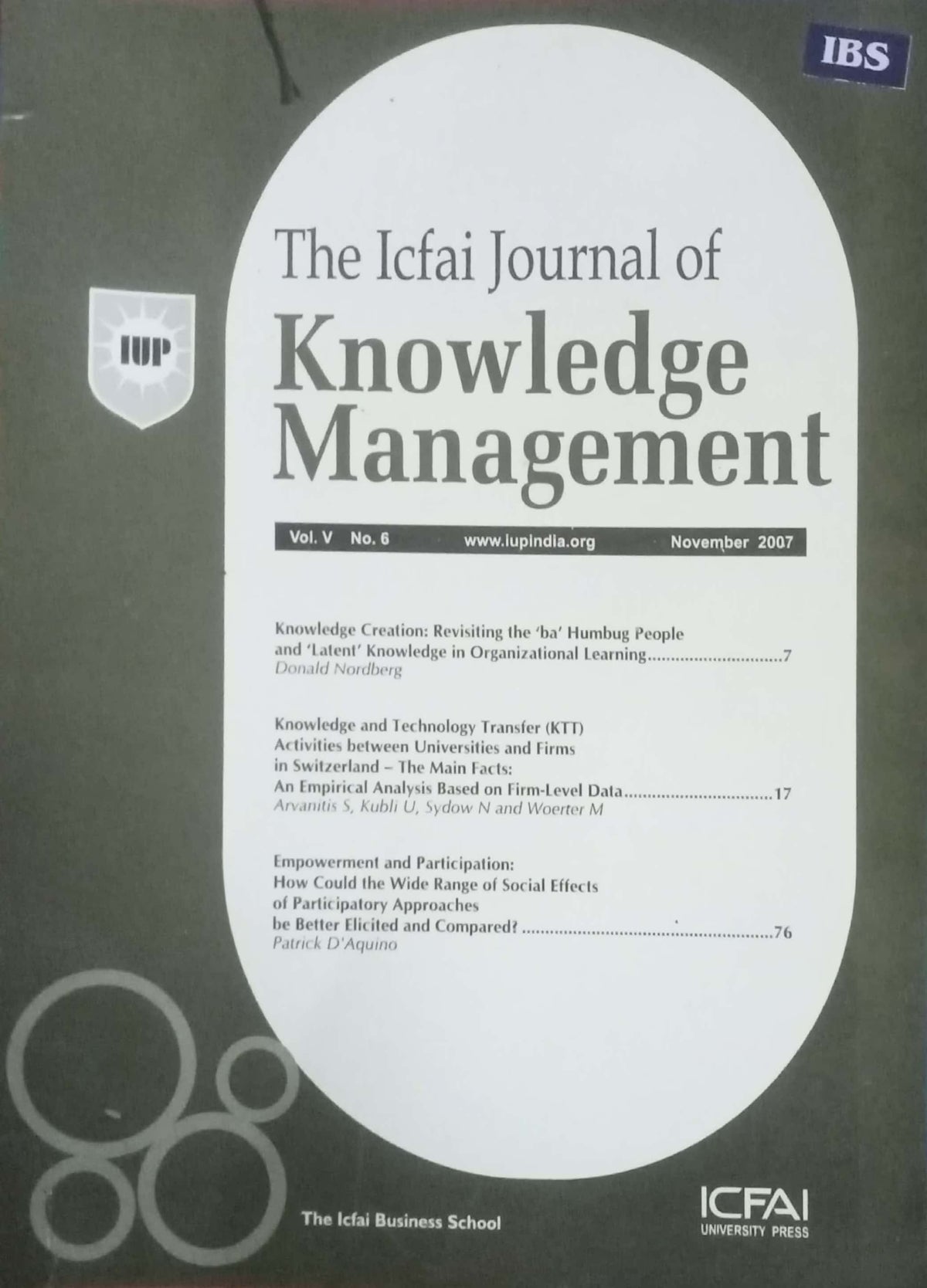 The Icfai Journal Of Knowledge Management Vol V, No. 6