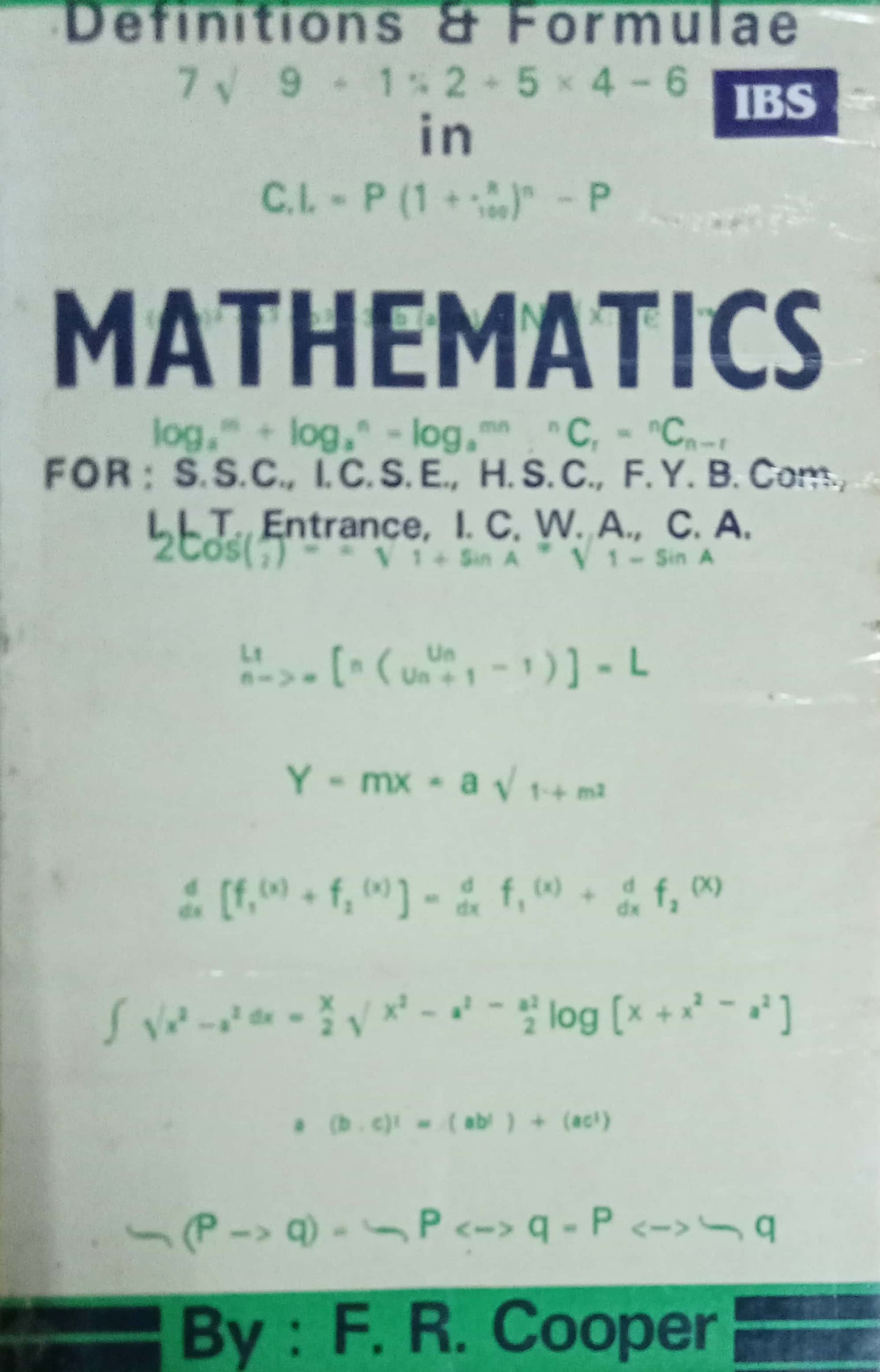 Definitions & Formulae In Mathematics by F.R. Cooper