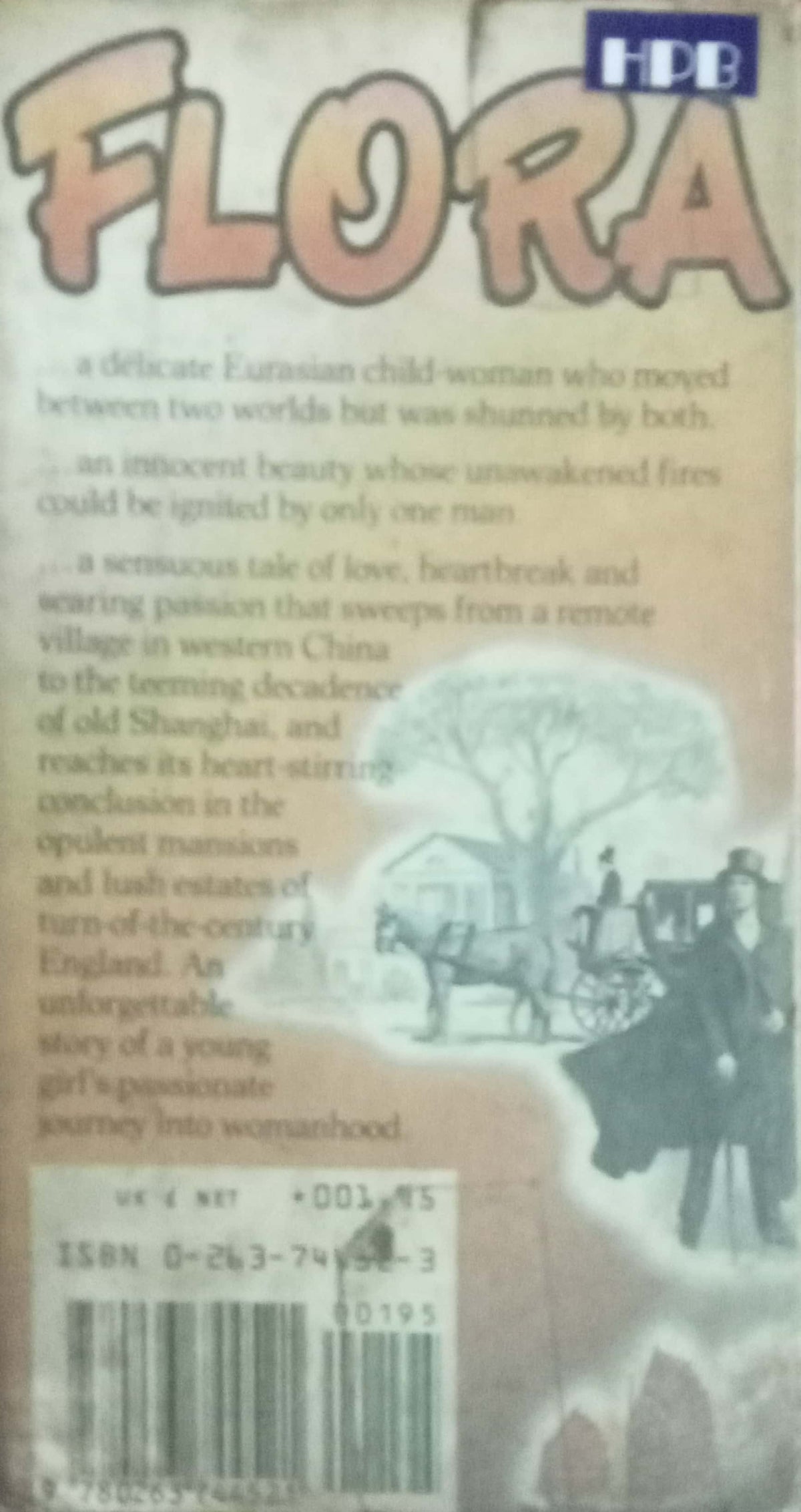 Back cover of a book titled 'FLORA' with a large stylized orange title at the top, a blue 'HDB' logo in the upper right, a block of descriptive text, a small illustrated scene, and a barcode at the bottom.
