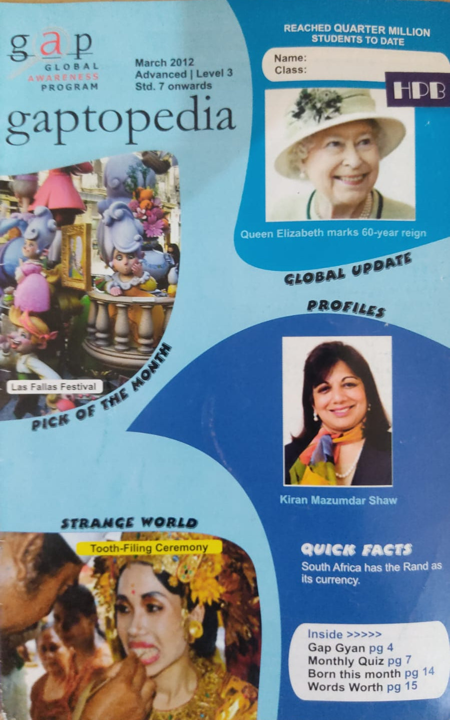Gaptopedia magazine cover with images of Queen Elizabeth, Kiran Mazumdar-Shaw, and people at an event.